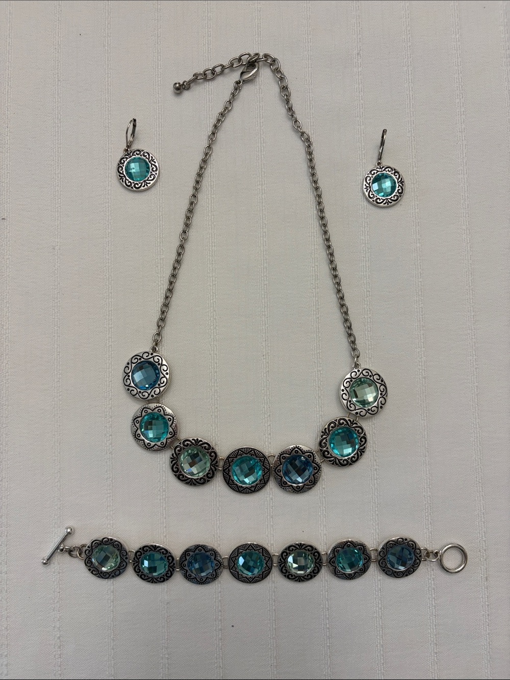 Silver-Tone Aqua Blue Crystal Jewelry Set - Necklace, Bracelet & Earrings